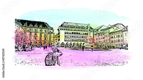 Building view with landmark of Bolzano is a city in the South Tyrol province of north Italy. Watercolour splash with hand drawn sketch illustration in vector.