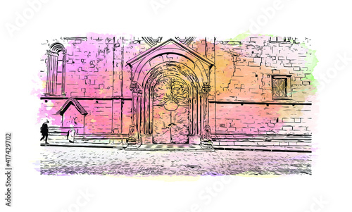 Building view with landmark of Bolzano is a city in the South Tyrol province of north Italy. Watercolour splash with hand drawn sketch illustration in vector.