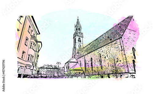Building view with landmark of Bolzano is a city in the South Tyrol province of north Italy. Watercolour splash with hand drawn sketch illustration in vector.