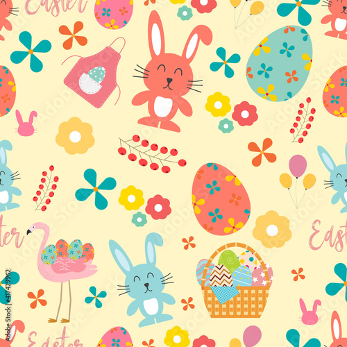 Easter seamless pattern. Easter day with bunny, eggs and others background. Vector ill