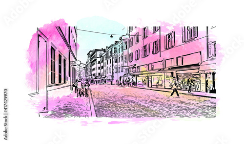 Building view with landmark of Bolzano is a city in the South Tyrol province of north Italy. Watercolour splash with hand drawn sketch illustration in vector.