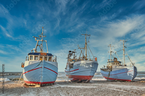 Coastal fishing boats vessels at Thorup beach in Western Denmark
