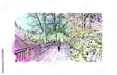 Building view with landmark of Bolzano is a city in the South Tyrol province of north Italy. Watercolour splash with hand drawn sketch illustration in vector.