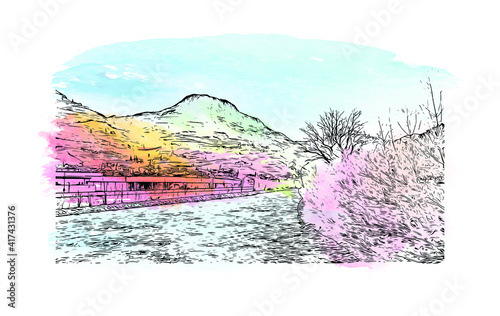 Building view with landmark of Bolzano is a city in the South Tyrol province of north Italy. Watercolour splash with hand drawn sketch illustration in vector.