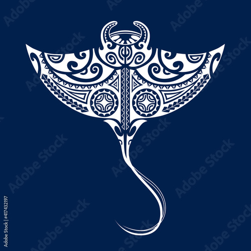 Manta ray illustration in Maori style. Ornament for divers. White on blue background. 