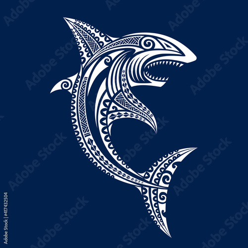 Shark fish illustration Maori polynesian tattoo style. White on blue background. Tribal ethno style ornamental vector sketch. 
