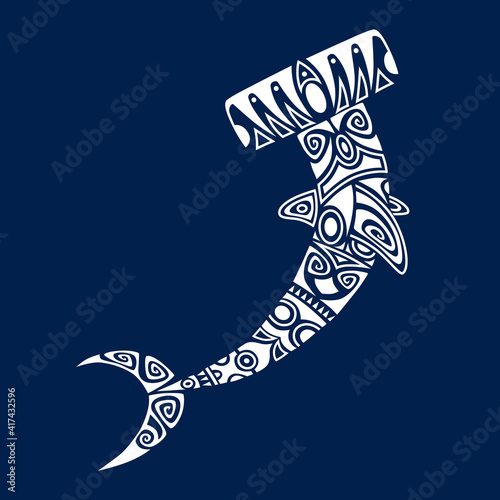 Hammerhead Shark illustration Maori style. Ornament white on blue background.
