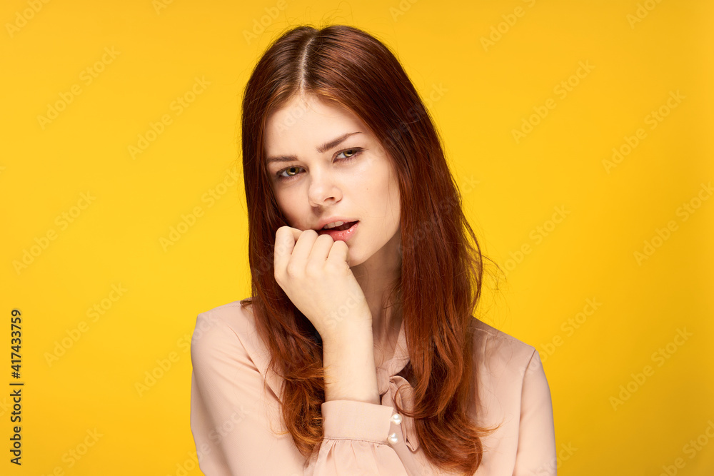 pretty woman attractive look emotions fashion isolated yellow background pretty woman attractive look emotions fashion isolated yellow background