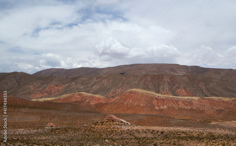 The arid desert. Aerial view of the dry land, valley and mountains under a beautiful sky high in the Andes mountain range.