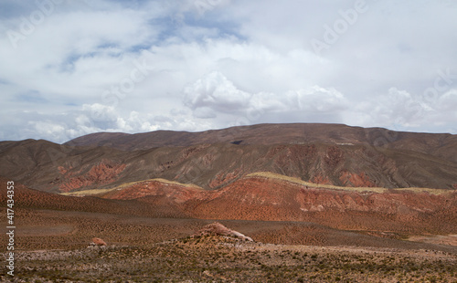 The arid desert. Aerial view of the dry land, valley and mountains under a beautiful sky high in the Andes mountain range.