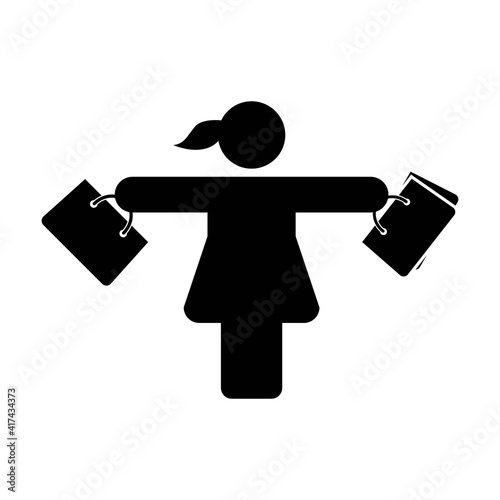 Shopping icon vector female person with bag symbol in a flat color glyph pictogram illustration