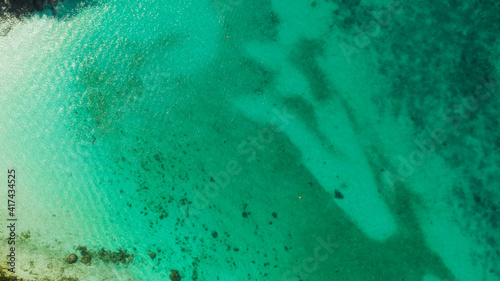 Sea water surface in lagoon, background with sun light reflection, copy space for text, aerial view. Top view transparent turquoise ocean water surface. background texture