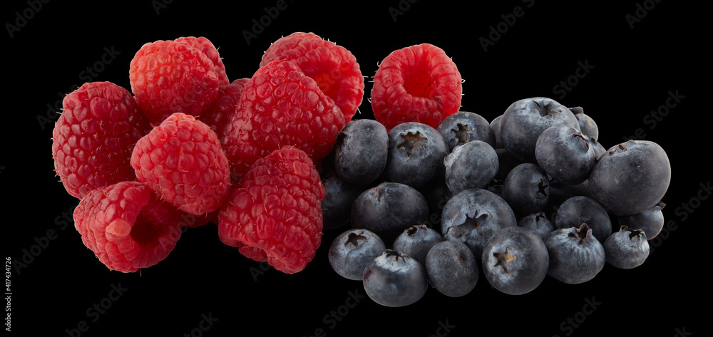 raspberry and blueberry on black background with clipping path raspberry and blueberry on black background with clipping path