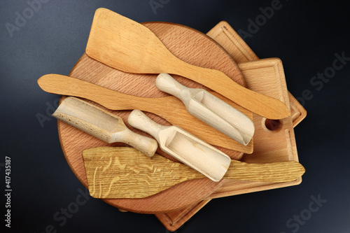 Wooden eco-friendly dishes, kitchen utensils