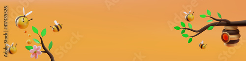 Banner. A beehive hanging on a branch. Sweet little bees flying. 3D illustration. Vector