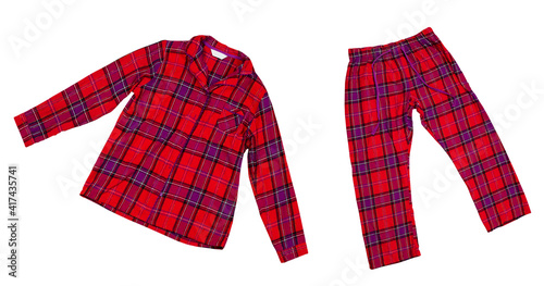 Pajamas set on white background, women's plaid pajama pants and a red shirt. on white background close up