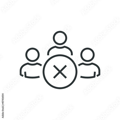 People icons: kicked out of a group, team, department. Team icon with cancel sign. Users icon and close, delete, remove concept. Cancel users sign. Reject members, Delete group