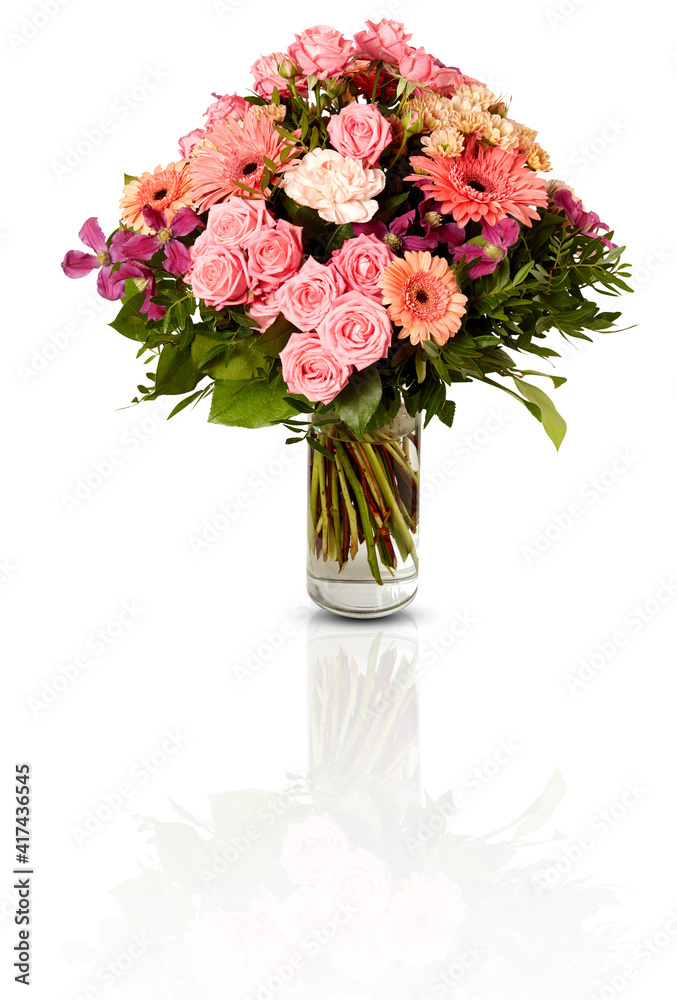 flower bouquet of roses in vase isolated shadow​ realistic reflection clipping path​