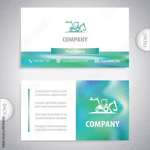 Business card template. Multifunction tractor and telescopic excavator. Construction machinery for excavating foundation, loading, lifting and hauling of cargo.