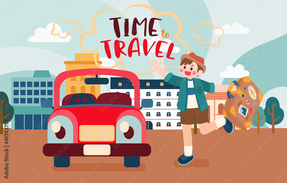 Naklejka premium Boy Carry Luggage To Travel By Car From Town
