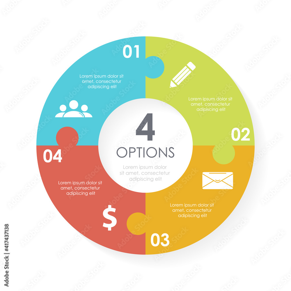 Vector circle chart infographic template for round diagram, graph, web design. Puzzle business concept with 4 steps, options or processes. Abstract background.