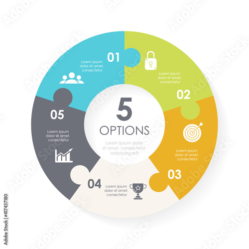 Vector circle chart infographic template for round diagram, graph, web design. Puzzle business concept with 5 steps, options or processes. Abstract background.