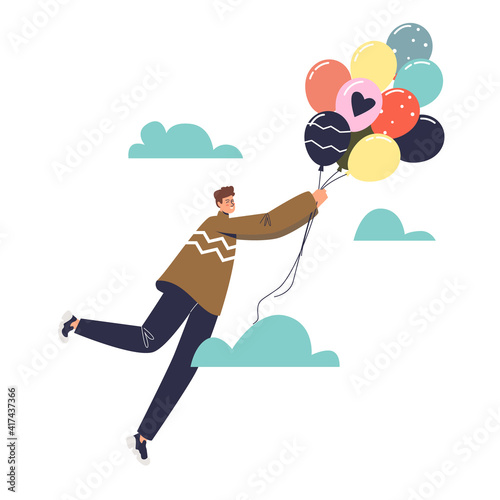 Man with colorful balloons flying in sky over clouds. Young cartoon male with bunch of balloons