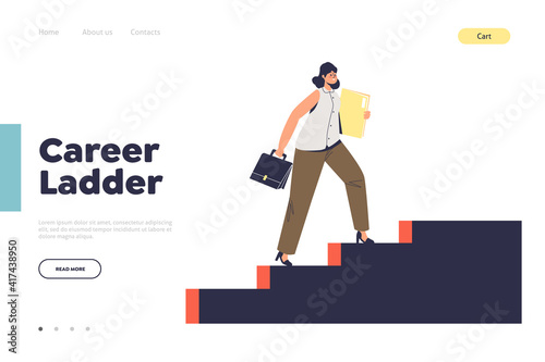 Career ladder concept of landing page with businesswoman moving upstairs at development stairs