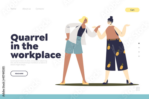 Quarrel at workplace concept of landing page with two female colleagues arguing and shouting