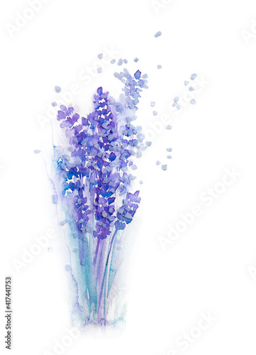 Watercolour drawing of lavender in a glass with 3d salt crystals imitating a magical fragrance on white background
