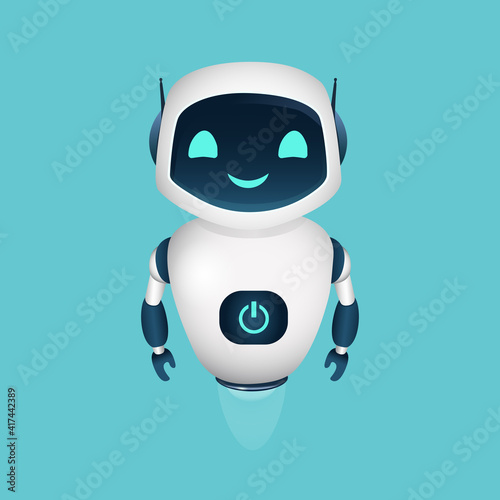 cute happy cartoon laughing robot. Vector illustration on blue background