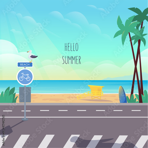 Summer seascape, ocean view. Promenade with palm trees, waterside road, pedestrian crossing, bike sign and seagull. In the background there is a beach and a lifeguard booth. Vector stock illustration
