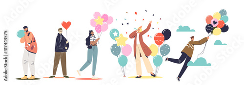 Group of people celebrating holiday or birthday with colorful balloons and confetti