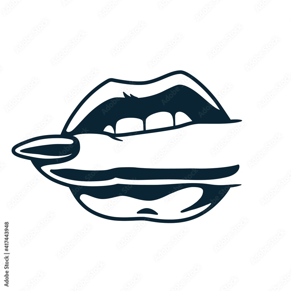 Lips bite. Sex gesture of sexy lips with finger for nail bar. Element for beauty studio. Fashion, trendy style of fingernails logo Lips bite. Sex gesture of sexy lips with finger for nail bar. Element for beauty studio. Fashion, trendy style of fingernails logo