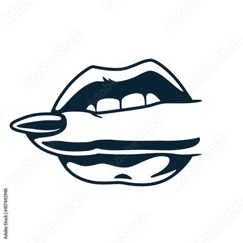 Lips bite. Sex gesture of sexy lips with finger for nail bar. Element for beauty studio. Fashion, trendy style of fingernails logo