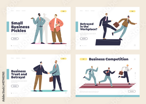 Betrayal and lie in business agreements and deals concept of set of landing page templates