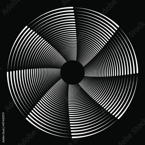 White curved speed lines in round shape. Geometric shape. Vector illustration. Monochrome background. Design element for prints, blackout tattoo, template, presentation, logo and textile pattern