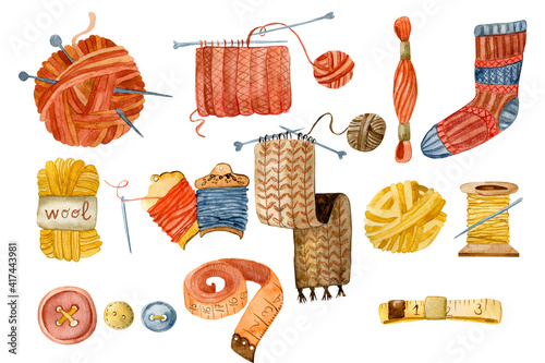 Set of hand-drawn knitting supplies. Watercolor woolen yarn. Basket with clews and domestic cats.