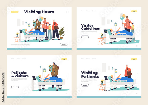 Visiting patient in hospital concept of set of landing pages templates with family at sick man bed