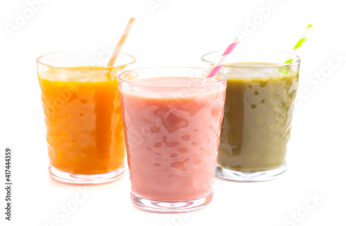 Three Varieties of Healthy Smoothies on a White Background
