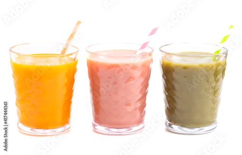 Three Varieties of Healthy Smoothies on a White Background