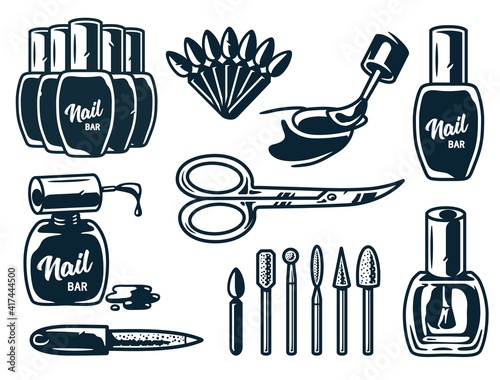 Set of manicure tools for nail bar and beauty salon. Element for emblem fingernail studio or logo of manicurist service
