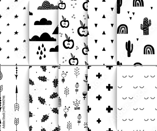 Scandinavian seamless patterns. Endless hand drawn decorative monochrome design for textile. Vector repeat abstract elements