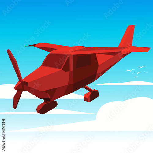 geometric low poly red propeller airplane in the sky with clouds and birds (ID: 417445505)