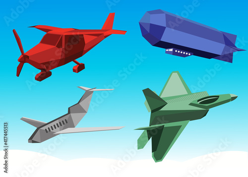 Low poly 3D vector illustrations of a aircraft, plane, jet, blimp, airplane,  (ID: 417445513)