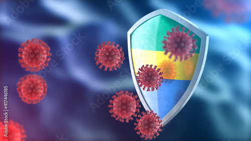 Gabon protects from corona virus steel shield concept. Coronavirus Sars-Cov-2 safety barrier, defend against cells, source of covid-19 disease.