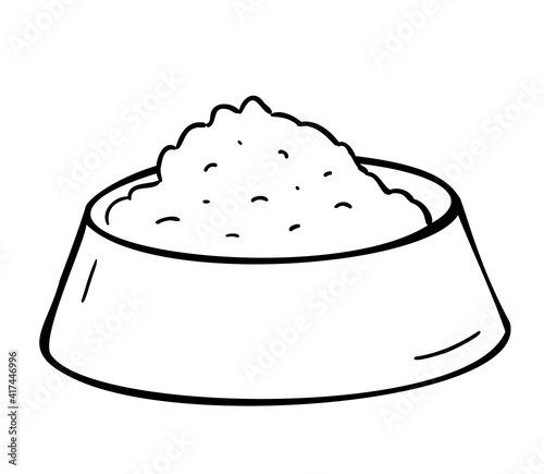 A bowl of food for pets, cats or dogs. Doodle isolated outline objects on white background.