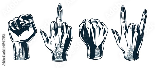 Set of woman wrists . Female hand gesture, fingers with tattoo, fist, middle finger. Element for beauty studio. Fashion, trendy style of fingernails