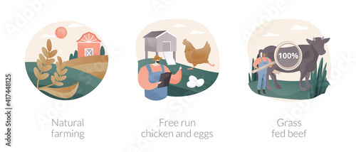 Ecological farming abstract concept vector illustration set. Natural farming, free run chicken and eggs, grass fed beef, sustainable agriculture, food labeling, antibiotics free abstract metaphor.