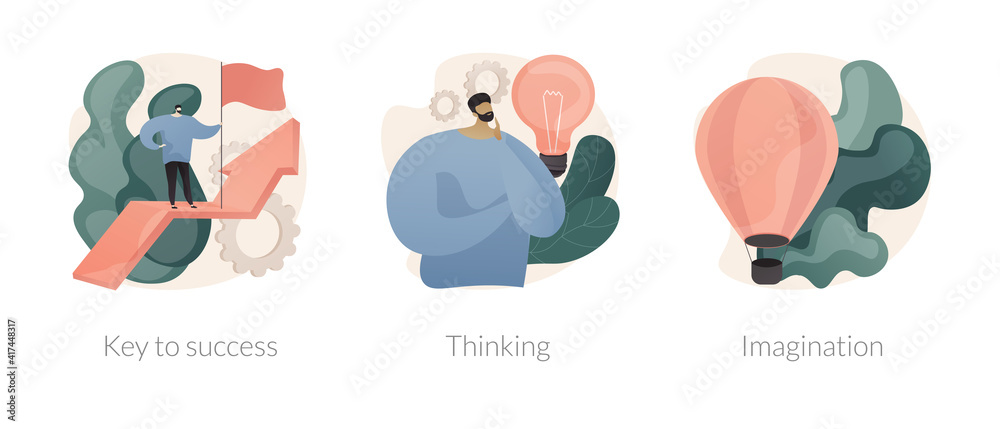Personal and professional growth abstract concept vector illustration set. Key to success, thinking and imagination, brainstorming, idea and fantasy, motivation and inspiration abstract metaphor. Personal and professional growth abstract concept vector illustration set. Key to success, thinking and imagination, brainstorming, idea and fantasy, motivation and inspiration abstract metaphor.